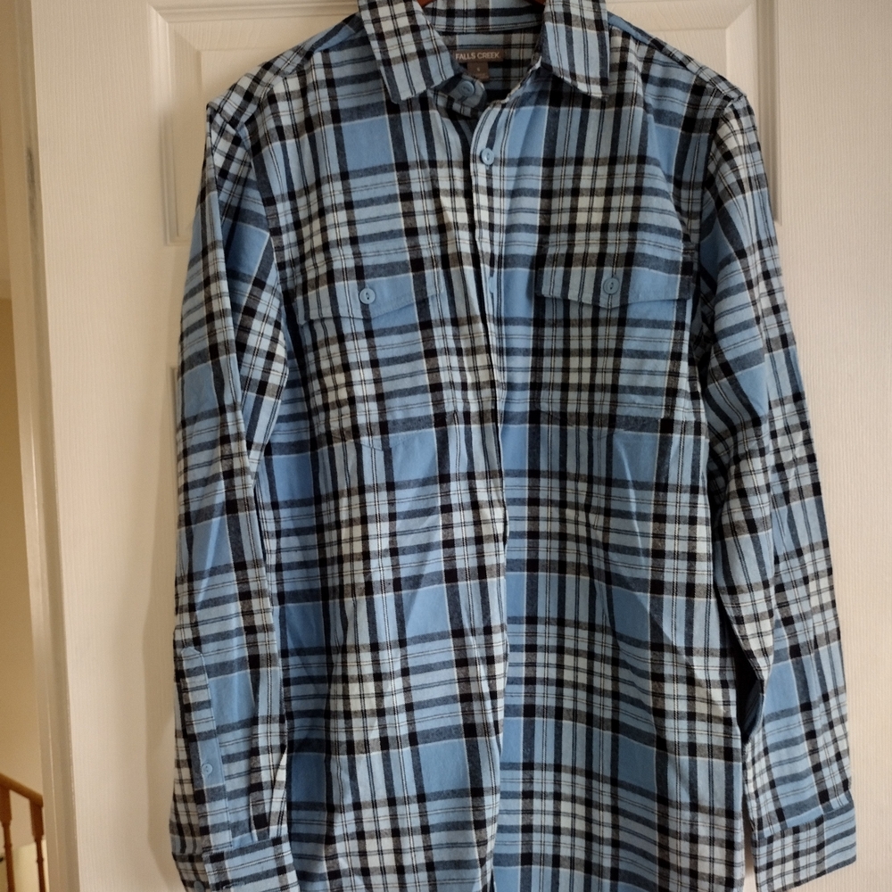 3/$21 Falls Creek Blue and Black Plaid Men's Cotton Shirt